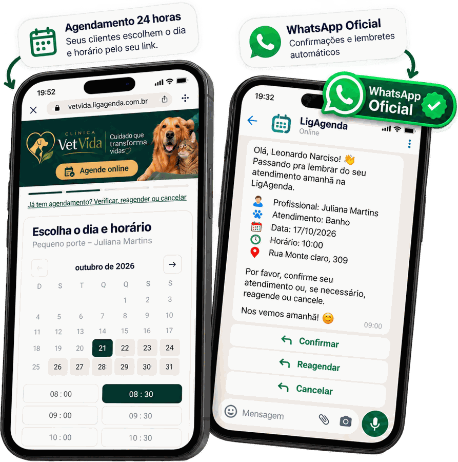 Página de agendamento no celular e lembrete pelo WhatsApp oficial, com os botões Confirmar, Reagendar e Cancelar